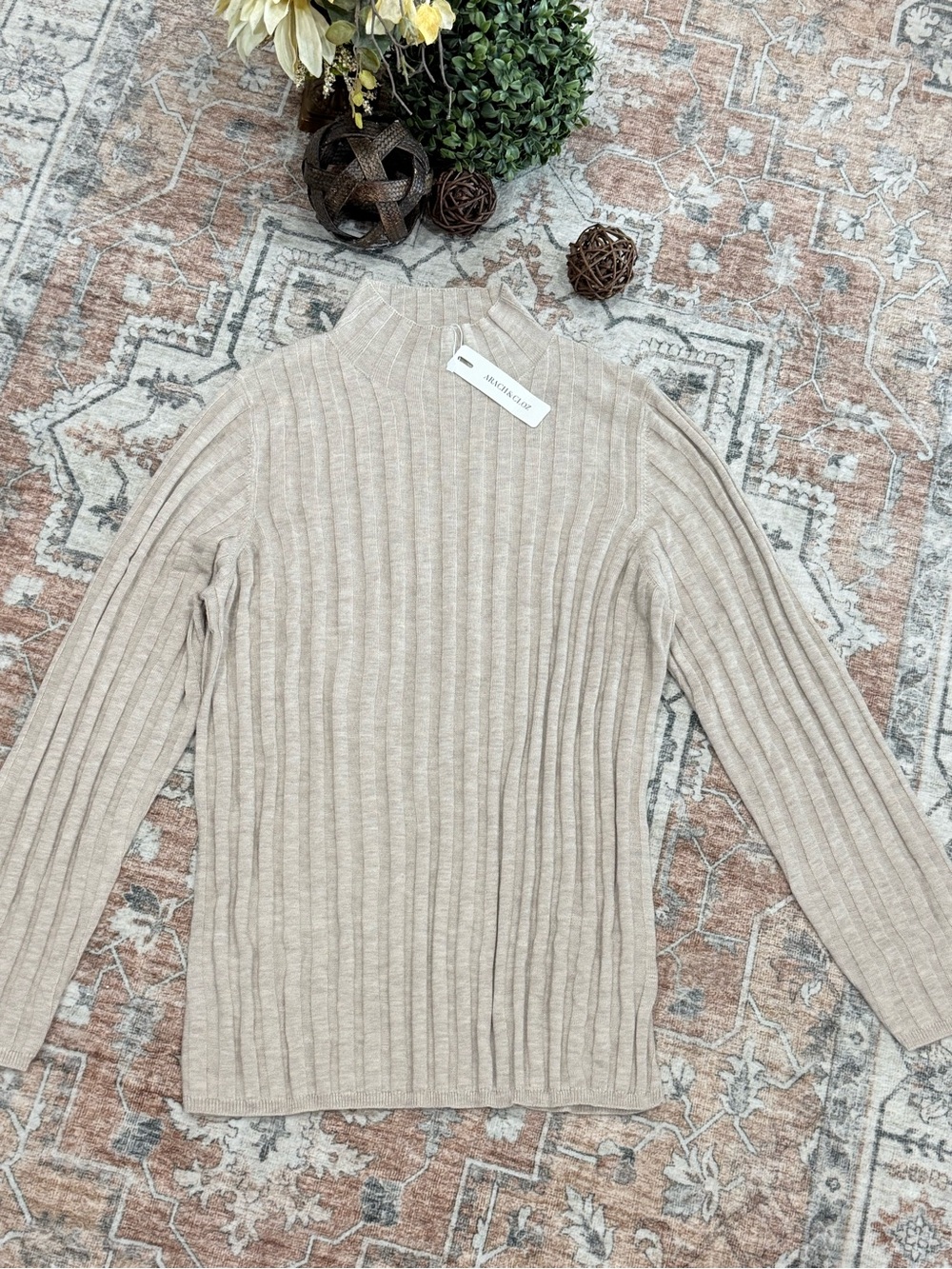 Unknown Brand Cream Ribbed Mock Neck Sweater